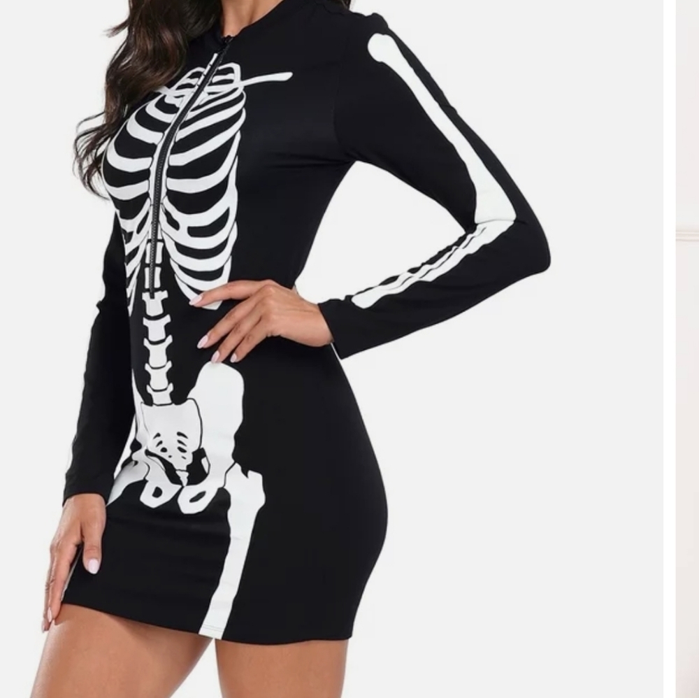 Women'S Halloween Costume Skeleton Dress Long Sleeves Stretchy Short Mini Dress
